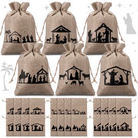 Kinlop 24 Pieces Christmas Nativity Burlap Gift Bags with Drawstrings 6 Designs Christmas Holiday Treat Bags Goody Bags Linen Wrapping Candy Bag Jewelry Pouches for Xmas New Year Party Favors