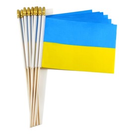 QQSD Ukraine Small Flag Ukrainian Stick Mini Hand Held Flags - Solid Wooden Pole with Spear Top, 12 Pack