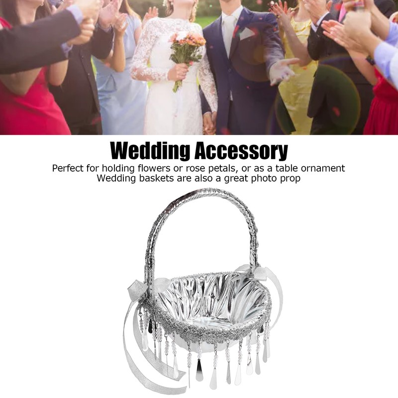 Wedding Flower Girl Basket Silver Hand Flower Basket Romantic Rhinestone