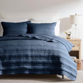 Navy Blue Striped Queen Size Quilt Set, Lightweight Pick Stitch Bedspread with 2 Shams, Soft Cloud Chambray Farmhouse Country Textured Coverlet Rustic Thin Comforter Spring Summer, 3-Piece Bedding Set