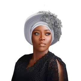 NJYFG Fashion African Autogele Headtie Nigeria Women Head Wraps Already Made Wedding Geles (white)
