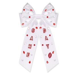 Vokone Game Day Bows for Women Jeweled Hair Bow Clip Crystal Silky Satin Ribbon Bow Barrette Hair Clip Football Sports Fan Game Day Outfits Accessories Game Day White Red