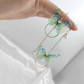 Long Butterfly Chain Tassel Drop Dangle Earrings for Women Asymmetric Butterfly Pearl Circle Pendants Earrings Colored Tulle Butterfly Wings Earrings (Green Butterfly)