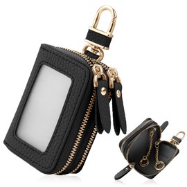 Gineman Smart Key Case, Storage of 2, Clear Window, For Women, Men's, Double Pockets, Leather, Zipper, Smart Key Case, Cover, Carabiner Included, Multi-functional, Black