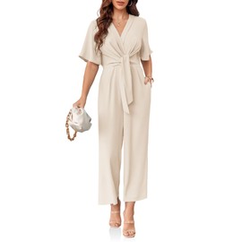 GAMISOTE Womens Wide Leg Jumpsuits Short Sleeve Tie Knot Front Summer Long Romper Beige