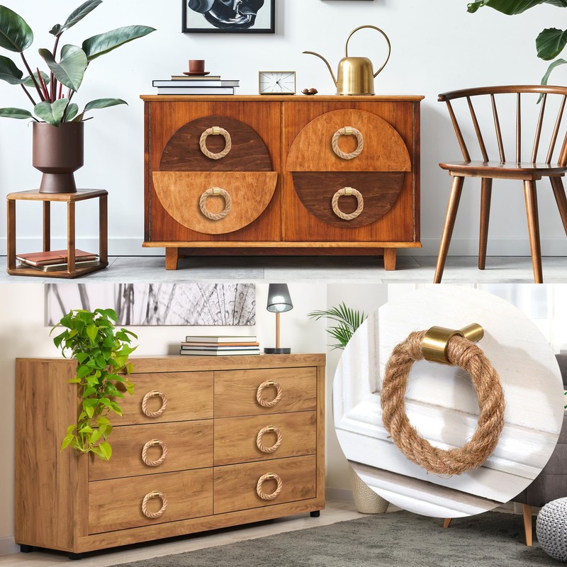 QNNEFF 6PCS Nautical Twisted Jute Rope Drawer Pulls Brushed Brass