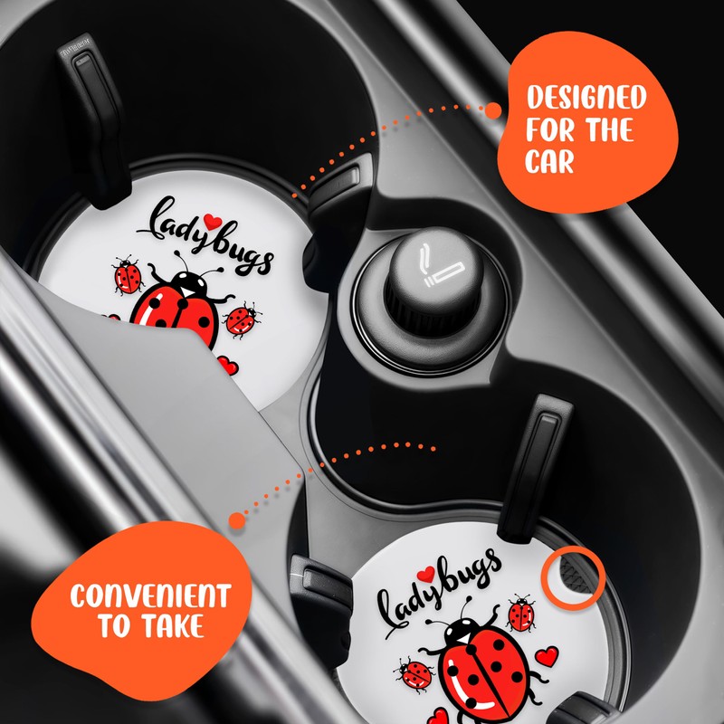 BJDAMAI 2 Pack Ladybugs Car Cup Holder Coaster, Cute Ladybugs
