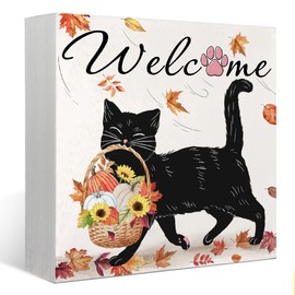 Fall Decor,Cute Black Cat Pumpkins Fall Decor Wood Box Desk Sign Decor,Fall Decorations for Home Indoor,Harvest Day Thanksgiving Tabletop Decor,5x5