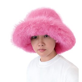 Lina & Lily Oversized Winter Faux Fur Bucket Hat for Women - Long Pile Fur Wide Moldable Brim (Hot Pink)