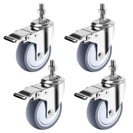 Fixhando Stainless Steel Caster Wheels 4 inch, 1/2"-13x1-1/2 Threaded Stem Locking Casters Set of 4, Non-Marking Slient TPR Rubber Wheels for Furnitures,Restaurants,Labs,Hospital