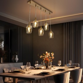 KSANA Pendant Light Kitchen Island, 5 Light Gold Chandelier Kitchen Island Light with Textured Glass Modern Pendant Lighting for Dining Room Hallway