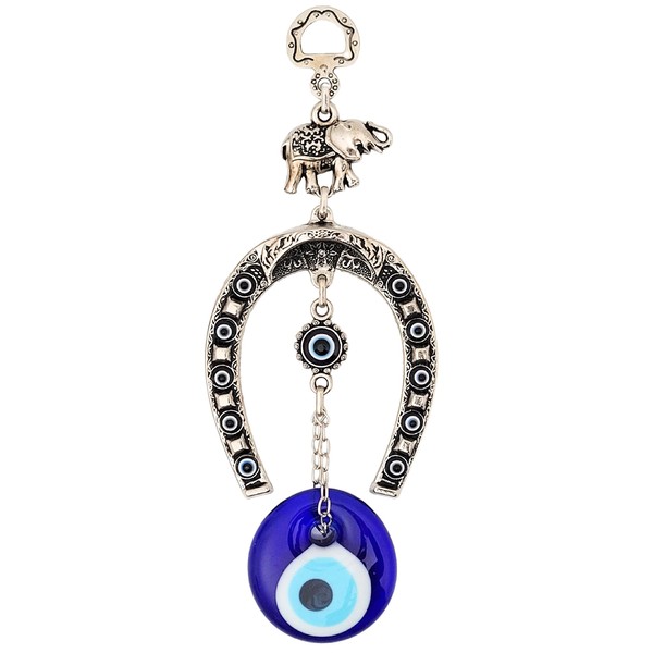 Erbulus Turkish Silver Horse Shoe Blue Evil Eye Wall Hanging Ornament with Elephant - Turkish Nazar Bead Amulet – Home Protection and Good Luck Charm Gift in a Box (Small)