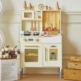 Giant bean Wooden Play Kitchen, Kitchen Set for Kids with Microwave Play Sink Ice Maker Oven Cookware Accessories Playset, Kitchen Set Pretend Play Food Toys for 3+ Year Old Toddler Boys Girls