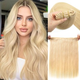 Sew in Hair extensions Real Human Hair 22Inch #60 Platinum Blonde Weft 22Inch 120Gram Remy Hair Bundles Hand Tied Double Weft Extension Blonde Straight Sew in Hair Bundles