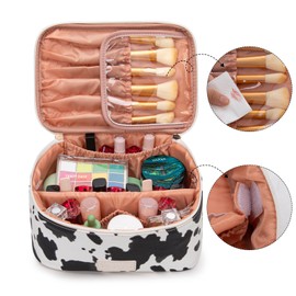 Montana West X Wrangler Travel Makeup Bag 2pcs Set Large Cosmetic Bag with Makeup Brush Holder Portable Make Up Organizer Cute Toiletry Bag with Divider and Handle for Women