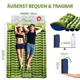 Yuzonc Isomatte Selbstaufblasend, Verdicktes Doppel Camping Matratze, Ultraleicht Luftmatratze Camping f√ºr 2 Personen Aufblasbare mit Fu√üpumpe & Kissen f√ºr Outdoor, Wandern, Zelt