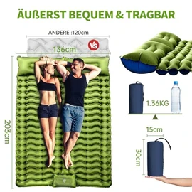 Yuzonc Isomatte Selbstaufblasend, Verdicktes Doppel Camping Matratze, Ultraleicht Luftmatratze Camping f√ºr 2 Personen Aufblasbare mit Fu√üpumpe & Kissen f√ºr Outdoor, Wandern, Zelt