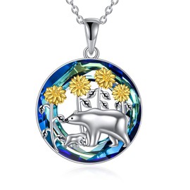 VONALA Bear Necklace Mother Gifts 925 Sterling Silver Mama Bear with 1 Cubs Pendant Necklaces with Sunflower Crystal Animal Jewelry for Women