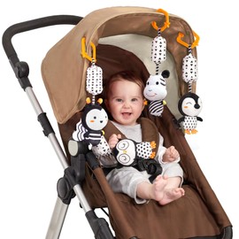 TUMAMA Toy Baby Pram Hanging Toy, Cuddly Toys Contrast Animal Plush Toy with Hook, Soft Sensory Toy Gift for Newborns from 0, 3, 6, 9, 12 Months