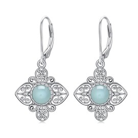 Earrings for Women Aquamarine Leverback Earrings Boho Vintage Filigree 925 Sterling Silver Dangle Drop Earrings for Women Jewelry Gifts for Women Mother Wife Birthday Gifts