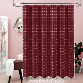 BTTN Boho Farmhouse Shower Curtain, Linen Rustic Heavy Duty Fabric Shower Curtain Set with Tassel, Water Repellent, Bohemian Vintage Country Thick Cloth Shower Curtains for Bathroom - Burgundy - 72x72