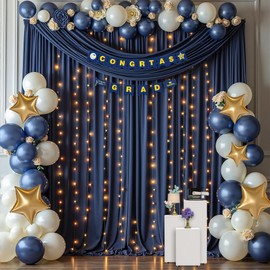 10 x 10ft Navy Blue Backdrop Curtains with Lights String for Graduation Wrinkle Free Polyester Photo Backdrop Drapes Soft Fabric Curtains for Birthday Parties Wedding Shower Reception Events, 2 Panels