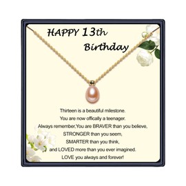 13 Year Old Girl Birthday Gifts Ideas Pink Pearl Gold Necklace as 13th Birthday Gifts for Girls,Adjustable Length 13th Birthday Necklace for 13Yr Old Girl Birthday Gift Ideas