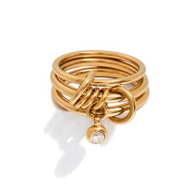 Stackable Rings for Women Men Titanium Steel 18k Gold Plated Non Tarnish Multi Ring Interlocked 3-Piece Set CZ Cubic Zirconia Multi-link Connected Ring Statement Bands Rings Fashion Jewelry, Titanium