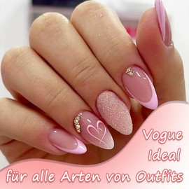 24 Stück Rosa Herz Nägel zum Aufkleben – Romantische Mandel Kunstnägel mit Herz-Design, Valentinstag Press on Nails, Glänzende Acryl Full Cover Falsche Nägel für Frauen Mädchen DIY (Rosa Herz)