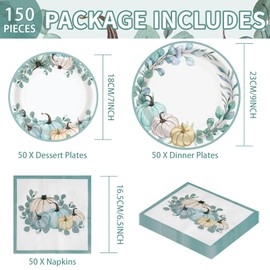 150Pcs Fall Paper Plates Thanksgiving Plates Disposable 350GSM Blue and White Pumpkin Plates & Napkins Thanksgiving Paper Plates for Baby Shower Fall Harvest Party Thanksgiving Decorations, Serve 50