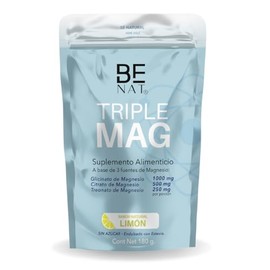 BE NAT | MAGNESIO | 180g en Polvo de Alta absorción, Sabor Natural limón | A base de 3 Magnesios: Glicinato, Citrato, Treonato y Vitamina C | Ingredientes 100% Puros | TRIPLE MAG | Suplemento Alimenticio Premium.