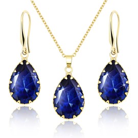 Linawe Sapphire Crystal Gold Earring Set, Blue Pendant Necklace Set, Boho Gold Jewelry Sets for Women, Imitation Diamond Rhinestone Matching Necklace, Cubic Zirconia Birthstone Earrings