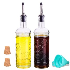eleganttime 2 Pack Glass Oil and Vinegar Dispenser Set 16oz, Superior Leakproof Olive Oil Dispenser Bottle Strong with Cork for Kitchen Cooking, with Stainless Steel Spout and Silica Gel Funnel