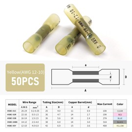 Heat Shrink Butt Wire Connectors, 50Pcs 12-10 AWG Yellow Insulated Waterproof Electrical Wire Connectors Automotive Marine Grade Wire Crimp Terminals Butt Splices, Ideal for Boat, Truck, Stereo Yellow