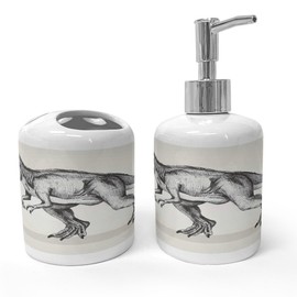 Lunarable Modern Soap Dispenser and Toothbrush Holder Set, Dinosaur Sketch Fossil Animal Prehistoric Giant Creature Jurassic Wild Illustration, Ceramic Bathroom Accessories, 4.5" X 2.7", Cream Grey