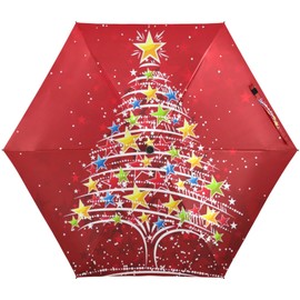 Oyihfvs Colorful Christmas Tree On Red 5 Folding Ultra-Light Umbrella, Small Mini Anti-UV Compact Travel Umbrella, 6 Ribs Pocket Windproof Foldable Vinyl Parasol