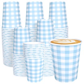 JCTHKUKU 100 Pcs Blue Gingham Paper Cups 9oz, Blue and White Checkered Disposable Cups for Picnic, Baby Shower, Birthday, Wedding, Rustic Outdoor Party Supplies