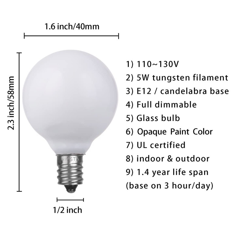 NIOSTA 25 Pack G40 Replacement Bulbs,5W 120V Incandescent Glass Bulbs,for