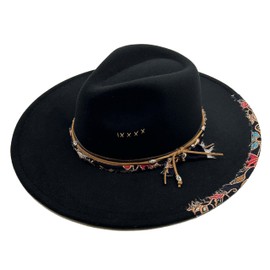 Wotfim Big Wide Brim Fedora Hat for Women Man Felt Panama Hat with Band Western Outdoor hat-Black