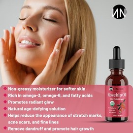"Natnique "Aceite de semilla de rosa mosqueta orgánico de 1 oz, certificado por el USDA, aceite de rosa mosqueta 100% puro para rostro, cabello y piel