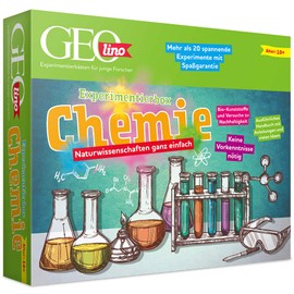 FRANZIS GEOlino 67128 Experiment Box Chemistry Experiment Box with Laboratory Equipment, Set of 4 Chemicals, Manual and Other Accessories, No Previous Knowledge Required, Medium