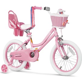 Glaf Girls Bike with Training Wheels and Basket Kids Bike for Girls Boys Age 2-12 Years Toddlers Bicycle with Bell Adjustable Seat Handlebar (16 Inch with Training Wheels, Light Pink)