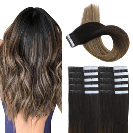 XDhair Tape in Hair Extensions Human Hair 22 Inch 50g 20pcs Balayage Black to Medium Brown with Honey Blonde Tape in Hair Extensions (#1B/4/27,22Inch)