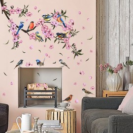 Timelesslong Flowers Wall Stickers for Living Room Bedroom, Vinyl Birds Wall Decals Removable Wall Murals Peel and Stick Floral Wall Decor Art Wallpaper for Adult Nursery Office Playroom
