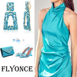 Flyonce Rectangle Clip-on Earrings for Women, Sparkly Rhinestone Crystal Geometric Statement Drop (Non Pierced) Light Blue