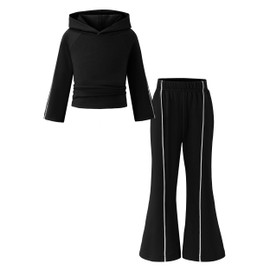 SODLON Girls Clothes Size 7 8 Kids Winter Fall Hoodies Outfits Long Sleeve Ruched Sweatshirts Flare Sweatpants Joggers Sweatsuit Workout Track Suit Sets Spring Tween Girl Clothing Black