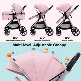 Lortsybab 2-in-1 Baby Stroller - Folding Infant Newborn Pram Stroller with Reversible Seat - Toddler Strollers for 0-36 Months Old Babies (Pink)