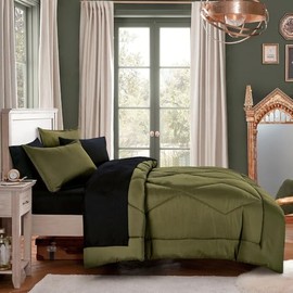 7-Pieces All Season Reversible Bed in a Bag Fluffy Comforter Set Oversized King Size | Modern Casual Style Plush Shabby Chic Bedding Solid Color Stitched Pattern | Gorgeous Black Olive Colors Glam