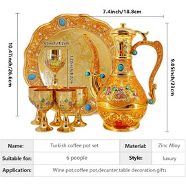Vintage Turkish Coffee Pot Tea Pot Set,Crafts Teapot and Cup Set Including Tray and 6 Metal Cups,Tea Service Set for Tea Table Decor,Wedding Ornament (Gold)