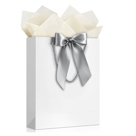 JMANNI Gift Bag, 1PCS Gift Bags Large with Ribbon and 1 Greeting Cards 2 Tissue Paper, Portable Paper Gift Bag with Handles, Birthday Gift Bags,Present Bags for Wedding Party Mothers Day(PureWhite)